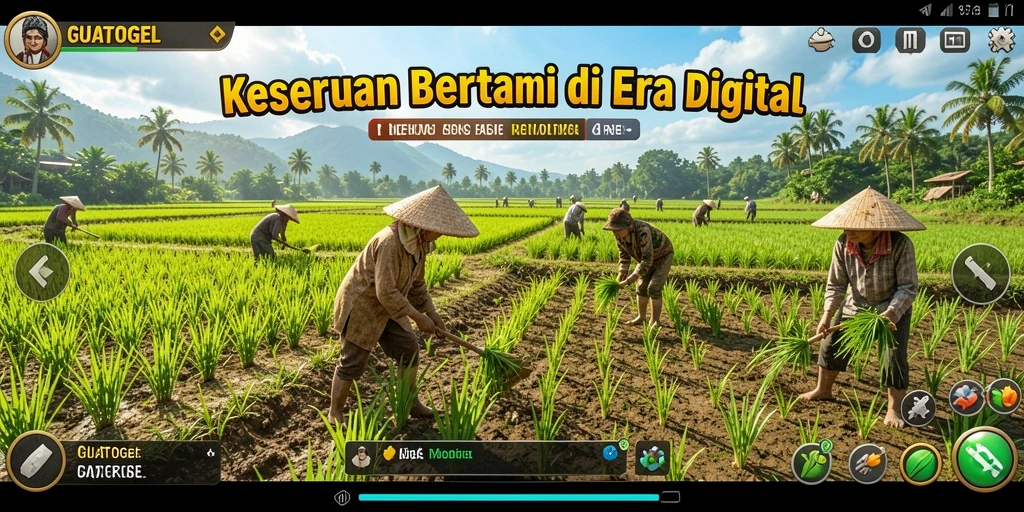 Screenshot gameplay GUATOGEL menampilkan kebun yang indah dan tanaman subur.