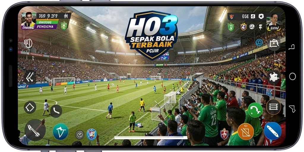 Tangkapan layar HO3 menampilkan aksi pertandingan sepak bola yang seru.