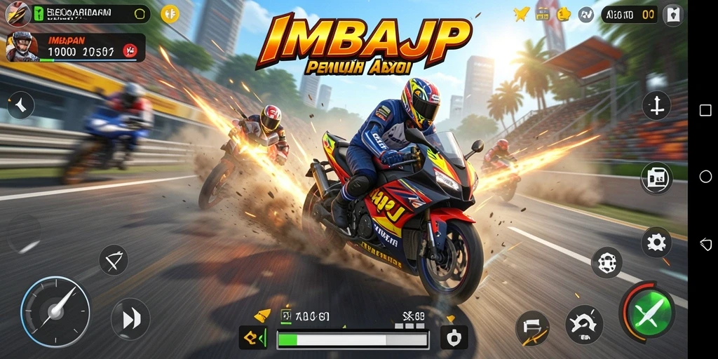 Screenshot utama IMBAJP menampilkan aksi balapan motor yang mendebarkan.