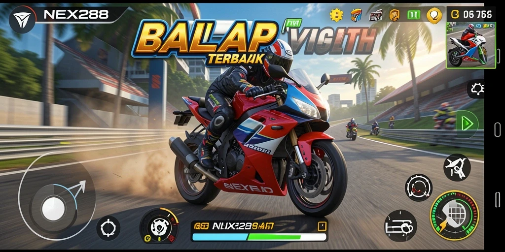 Tampilan gameplay seru NEX288 saat balapan motor.