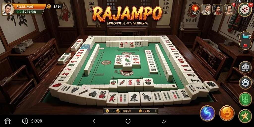 Screenshot gameplay RAJAMPO menampilkan papan Mahjong yang penuh tantangan.