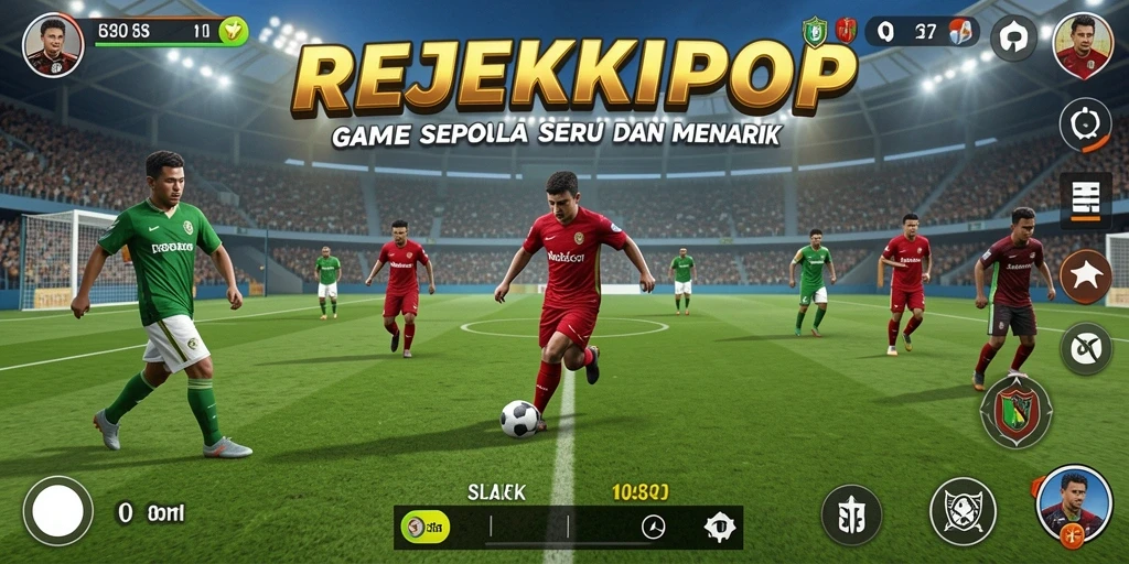 Screenshot gameplay REJEKIPOP yang menampilkan aksi seru di lapangan sepak bola.