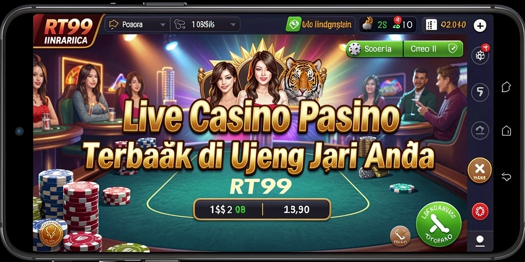 Screenshot gameplay Live Casino RT99 yang menunjukkan dealer dan pemain berinteraksi.