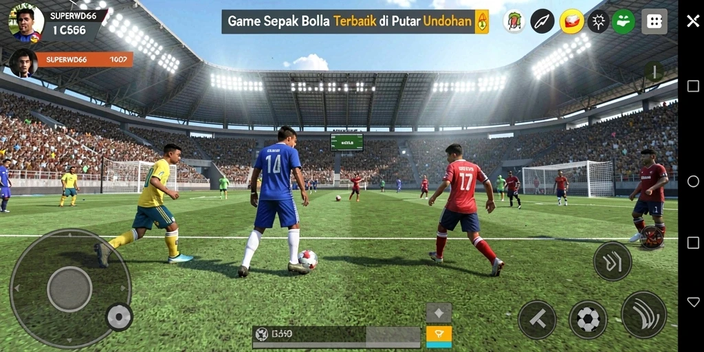 Screenshot gameplay SUPERWD666 menampilkan momen seru dari pertandingan sepak bola.
