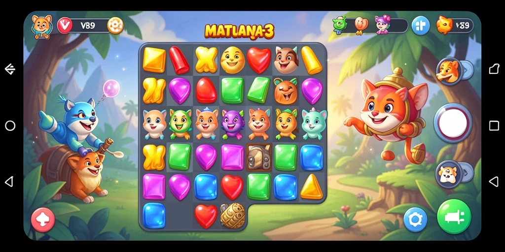 Screenshot V89 menampilkan gameplay Match-3 yang seru dan penuh warna.