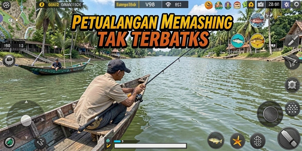 Gameplay V98 menampilkan pengalaman memancing yang seru dan adiktif.