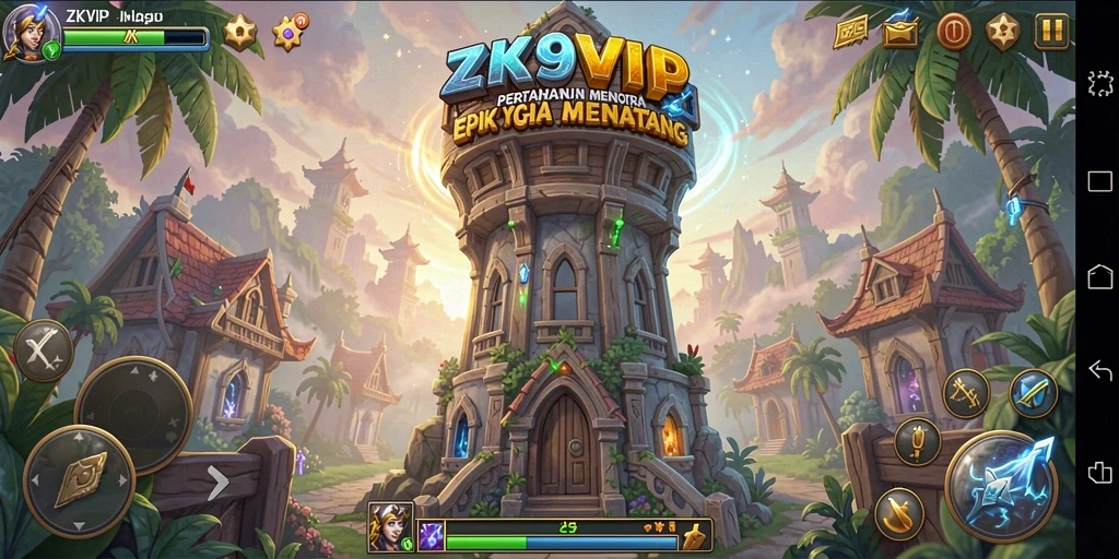 Gameplay ZK9VIP dengan menara yang strategis dan serangan musuh.